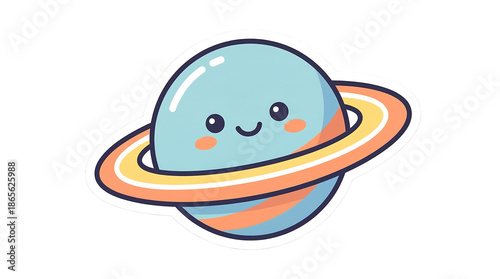 Cute Saturn Planet Sticker Illustration with Rings and Smiling Face for Childrens Designs