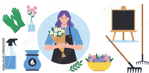 Canvas-taulu Female Florist Holding Flower Bouquet with Gardening Tools, Home Gardening and F