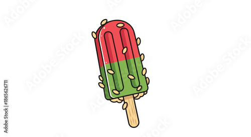 Cartoon illustration of a colorful two-toned popsicle on a wooden stick, covered in crispy puffed rice, isolated on a white background.