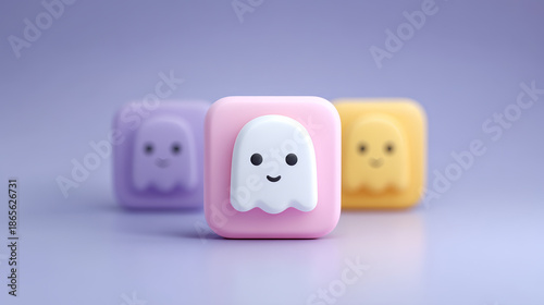 Cute ghost icon pastel cube 3d illustration kawaii character soft color minimal design friendly face toy smiling ghost purple background