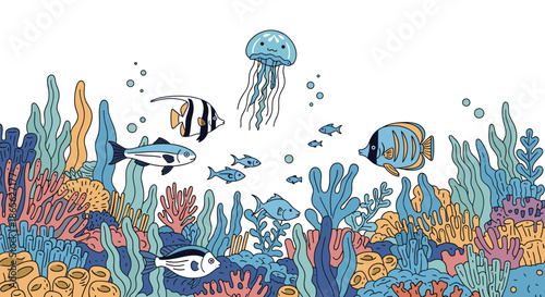 Colorful doodle-style illustration of an underwater coral reef scene with various tropical fish, a jellyfish, and marine plants.