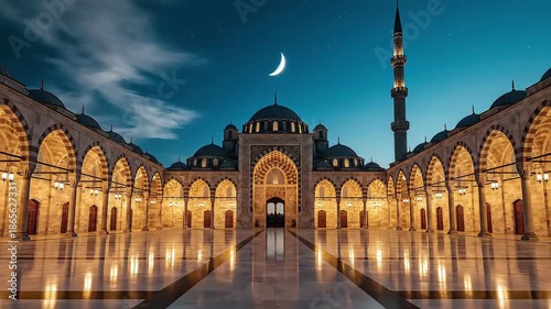 Illuminated Mosque Courtyard Night Architecture