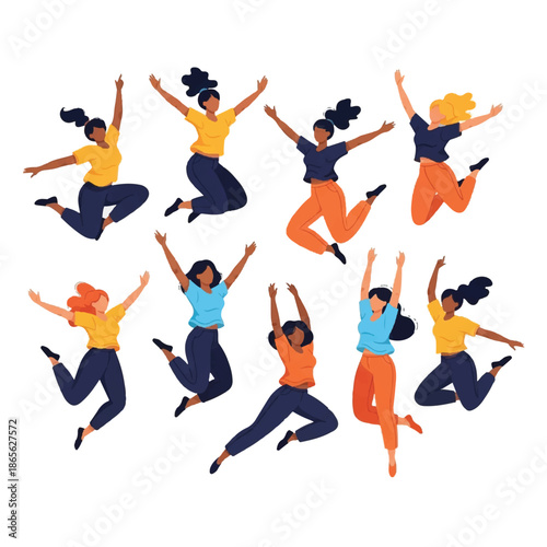 Group of diverse women jumping in the air with joy and excitement