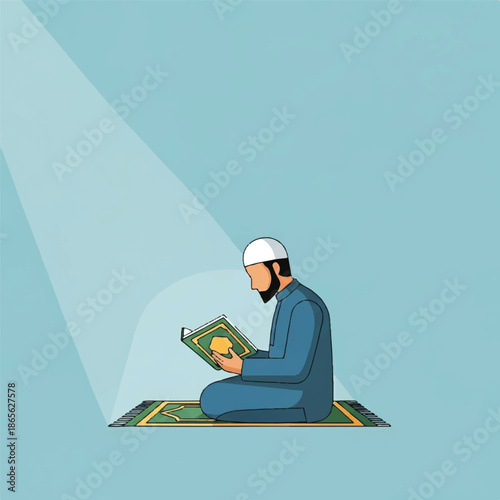 Man reading a religious text on a prayer mat in a serene environment