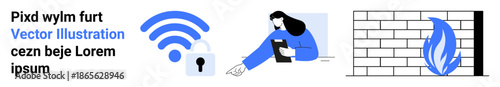 Cybersecurity, internet safety, data privacy, firewalls, digital protection, online security. wireless signal with lock, person with a tablet firewall illustration. Cybersecurity and internet safety