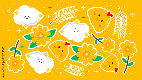 Golden yellow background featuring cute baby chicks smiling clouds yellow daisies and golden wheat
