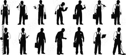 Construction worker silhouette set illustration, laborer builder poses collection, industrial maintenance professional people figures isolated on white background