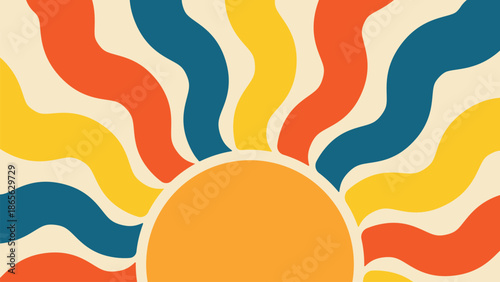 Retro 70s rising sun with wavy teal, orange, and yellow rays on beige background, vintage psychedelic sunburst