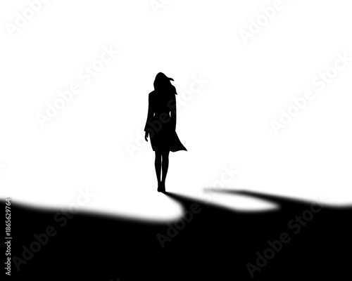 silhouette of a woman walking on the horizon, dramatic illustration alone
