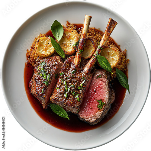 Top view of herb crusted lamb rack with red wine reduction Michelin star restaurant main course plating isolated on white transparent background