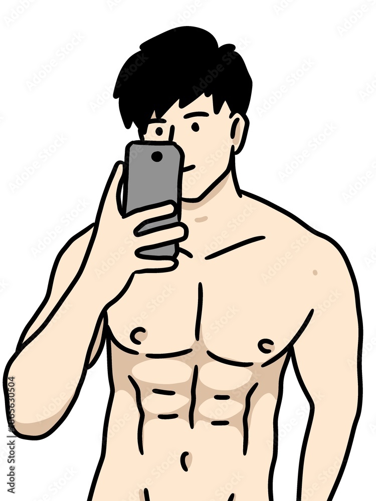 Fototapeta premium cartoon man taking self photos on smartphone