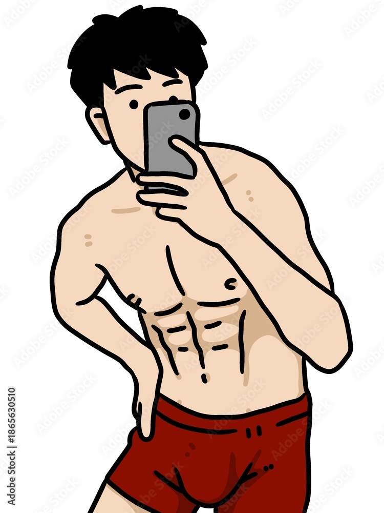 Fototapeta premium cartoon man taking self photos on smartphone
