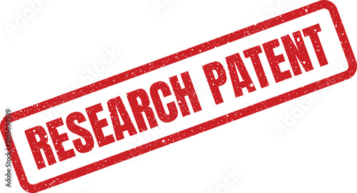 Grungy red rubber stamp displaying the words research patent, signifying protected intellectual property or innovation