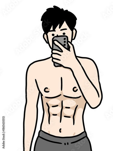 cartoon man taking self photos on smartphone