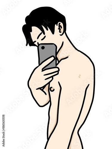 cartoon man taking self photos on smartphone