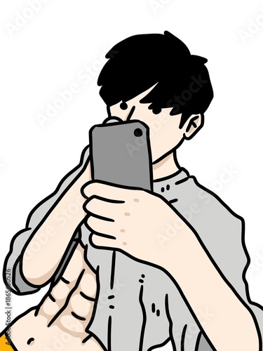 cartoon man taking self photos on smartphone