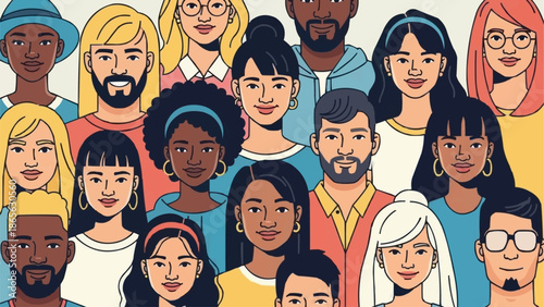 Diverse Group of People Smiling Together in a Crowd Illustration.