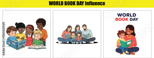 Diverse children and families reading books together celebrating World Book Day family