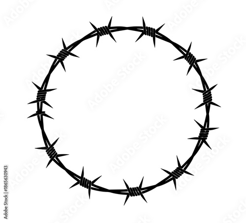 Isolated vector silhouette of a round barbed wire frame with sharp twisted thorns, designed as a black circle border on a white background for edgy concepts