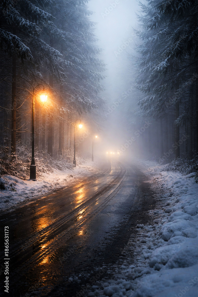 Obraz premium Winter Foggy Road at Dawn with Street LightsSnow Covered Road in Dense Fog with Atmospheric LightingCinematic Misty Winter Road Scene with Glowing Lights