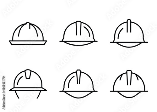 Variety of Hard Hat Designs Representing Construction and Safety Measures, Line Art