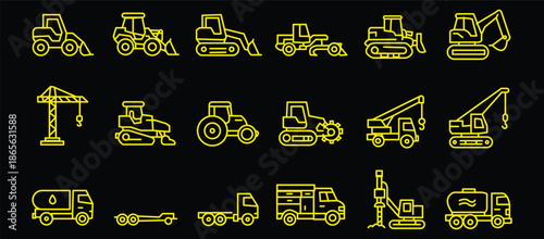 Construction vehicle line icon set. Vector pictograms of bulldozer, loader, grader, paver, roller, lowboy hauler, utility, concrete mixer, thin linear illustration.