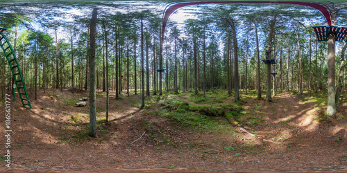 MINSK, BELARUS - 2021: full spherical hdri panorama 360 degrees angle view in jungle park in the children's entertainment center in pinery forest in equirectangular projection. VR content