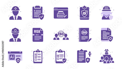 Purple Workplace Safety and ISO Compliance Icons – Professional Vector Illustration Set