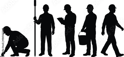 Black silhouettes of industrial workers, land surveyors with leveling rods, and construction laborers performing site inspections and manual building tasks