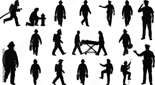 Black silhouettes of emergency first responders including firefighters with hoses, police officers, and paramedics with a medical stretcher for public safety projects