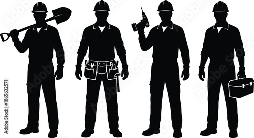 Vector silhouettes of professional construction workers and repairmen holding shovels, power drills, and toolboxes for industrial building and home renovation projects