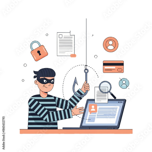 A masked thief attempting to steal sensitive information from a laptop