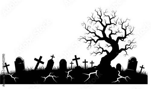 Creepy cemetery silhouette vector with twisted tree and spooky graves