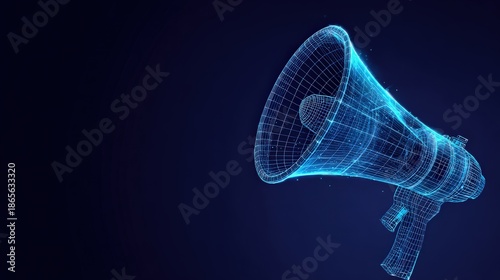 A stunning, blue glowing megaphone made from wireframe with dark background. Illustrating power and announcement. ..Created with Generative AI, not depicting real subjects.