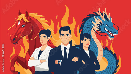 Illustration of three confident business professionals standing with a horse and dragon amidst flames on Kuda Chinese Day, conveying a bold and ambitious mood.