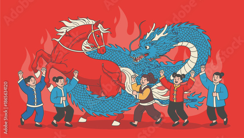 Illustration of people performing traditional dance with a large blue dragon on Kuda Chinese Day against a vibrant red background with flames.
