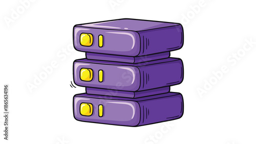 A stack of three purple suitcases with yellow latches and handles, viewed from the side against a white background.