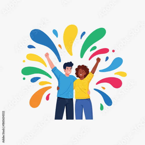 Two people celebrating with colorful paint splashes around them in a joyful scene