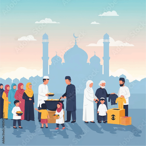 Community coming together to distribute food and aid in front of a mosque during a charitable event