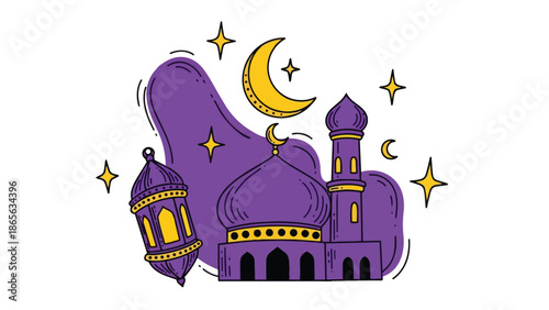 Mosque illustration with crescent moon and stars during a serene night sky scene