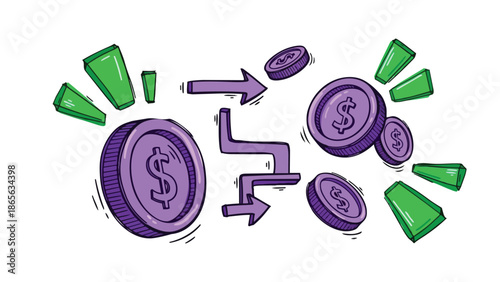 Money transfer illustration showing dollar coins exchange with green arrows indicating movement