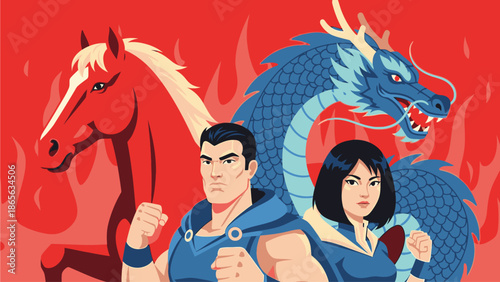 Illustration of a man and woman in blue outfits standing heroically with a horse and dragon on a fiery red background, symbolizing Kuda Chinese Day.