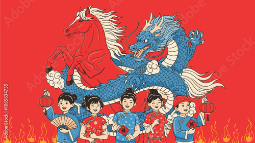 Vibrant illustration of a blue dragon and a group of people in traditional attire celebrating Kuda Chinese Day with bold red background and dynamic flames.