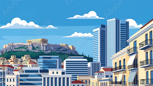 Athens city postcard vector illustration with historic skyline and iconic architecture in flat solid colors, timeless travel poster style for tourism, wall decor, and branding