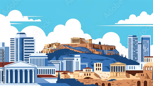 Athens city postcard vector illustration with historic skyline and iconic architecture in flat solid colors, timeless travel poster style for tourism, wall decor, and branding
