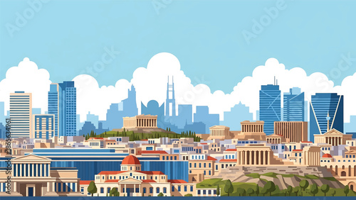 Athens city postcard vector illustration with historic skyline and iconic architecture in flat solid colors, timeless travel poster style for tourism, wall decor, and branding
