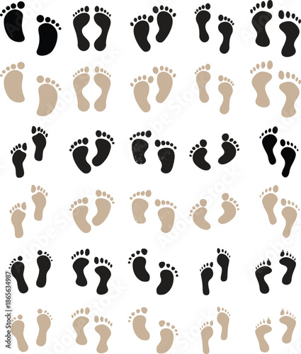 Foot Print Icon set. Foot imprint, footsteps collection. Human footprints silhouette. Barefoot, sneaker and shoes footsteps. Silhouette of barefoot soles with toes, walking steps concept.