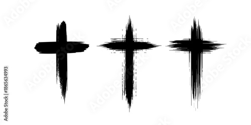 Set of three black grunge Christian crosses illustrated with rough ink brush strokes and distressed textures, isolated on white for artistic Easter, Good Friday, and religious faith designs