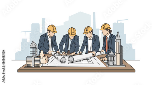 Architects reviewing blueprints and models for a new construction project.