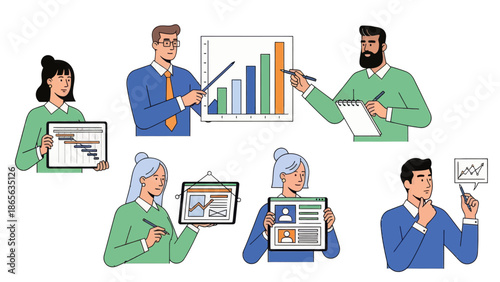 Business professionals analyzing data and presenting reports in office
